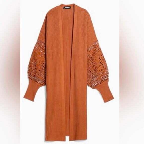 Express Cardigan Womens XL  Crochet Sleeve Duster Sweater Brown Boho Bohemian - Picture 2 of 7